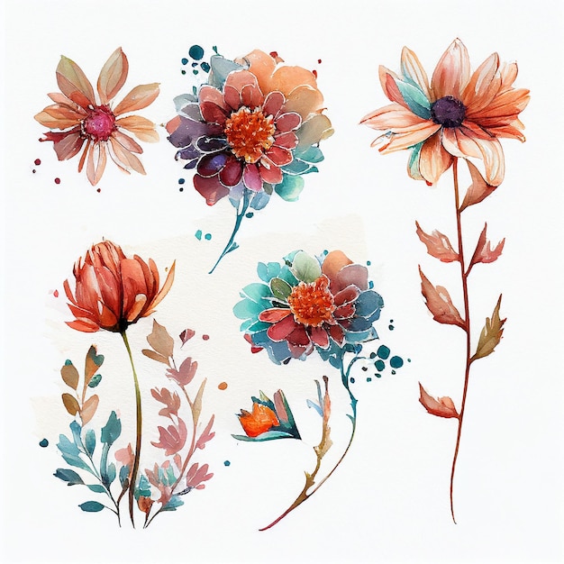 Imposta i fiori e lascia dipingere l'illustrazione floreale ad acquerello creata con la tecnologia Generative AI