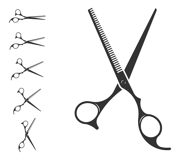 Imposta l'icona delle forbici per il taglio dei capelli Elemento di progettazione vettoriale delle forbici o modello di logo Silhouette bianca e nera isolata