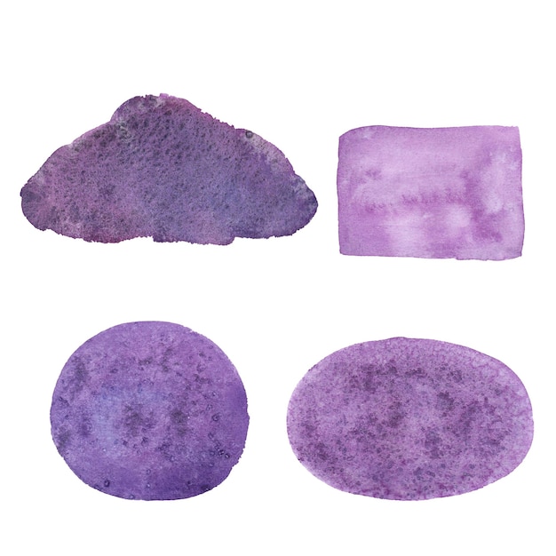 Impostare la macchia di acquerello di colore viola viola astratto isolata Banner di carte di sfondi con texture disegnate a mano ad acquerello