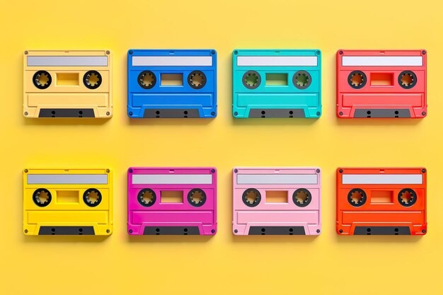 Impostare nastri audiocassette retrò colorati su giallo