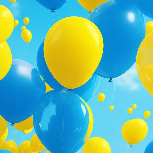 Impostare palloncini gialli e blu che volano nel cielo Carta da parati realistica con illustrazioni colorate e luminose 3d