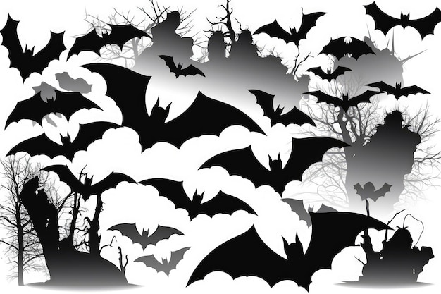 Impostare sagome di croci nere pipistrelli su sfondo bianco Halloween AI generativa