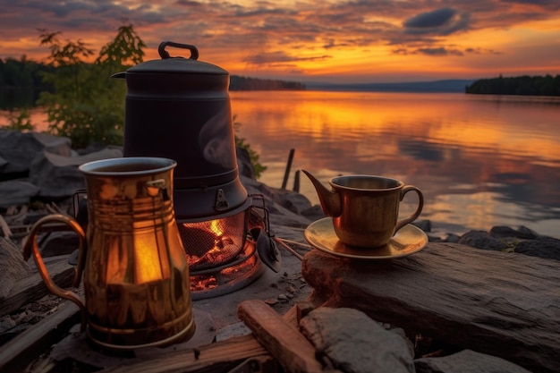 Impostazione del caffè al fuoco di campo con sfondo di alba o tramonto creato con AI generativa