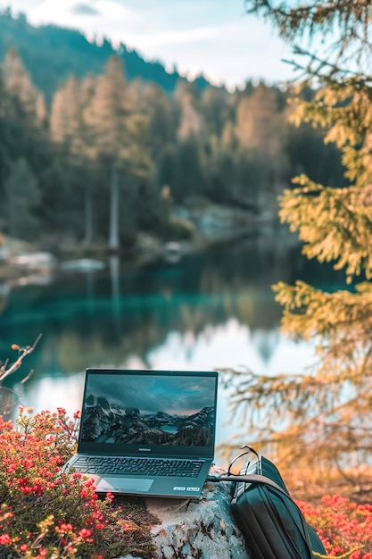 Impostazione del lavoro portatile in luoghi panoramici sulla costa di un lago di montagna Concetto di lavoro a distanza