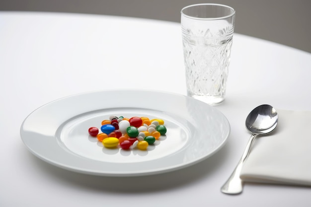 Impostazione del tavolo con un piatto di compresse, capsule e pillole Assunzione di farmaci Pillole invece di cibo concetto Illustrazione generativa di AI