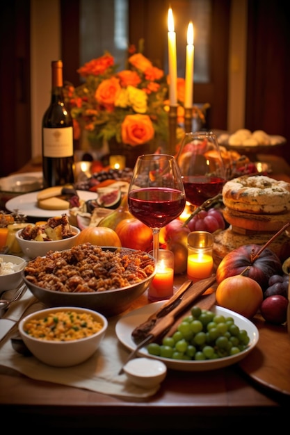 Impostazione del tavolo del Ringraziamento con cibo festivo creato con AI generativa