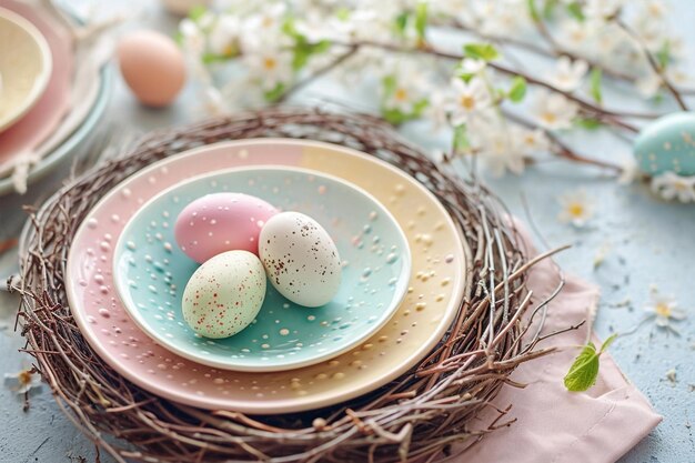 Impostazione del tavolo pastello dell'arcobaleno di Pasqua per la cena con piatti di ceramica in fiore e uova di Pasqua