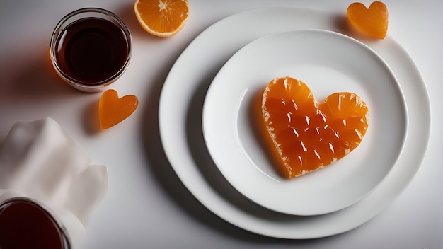 Impostazione del tavolo per la festa di San Valentino Coppa di piatto di caffè con arancione a forma di cuore su sfondo bianco