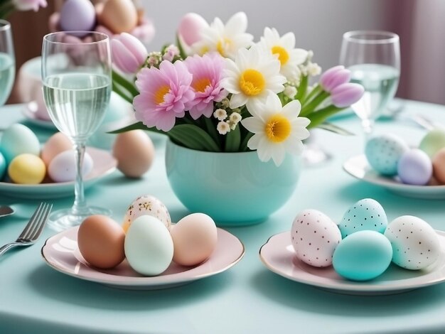 Impostazione del tavolo pranzo festivo piatti di fiori e uova colorate di Pasqua