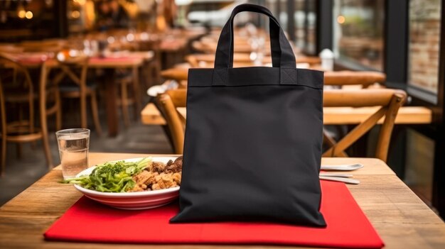 Impostazione della borsa di tessuto nero Tote Canvas in un ristorante caffetteria interno Tote Mock Up Blank