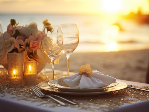 impostazione della tavola con bicchieri di vino e tovaglioli sulla spiaggia