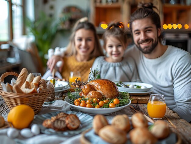 Impostazione della tavola della festa di Pasqua con il cibo e la famiglia sullo sfondo