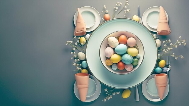 Impostazione della tavola di Pasqua con uova colorate e posate 3D rendering top view flatley copy space