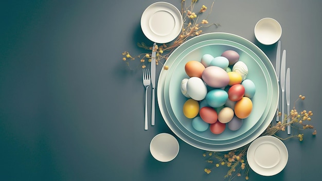 Impostazione della tavola di Pasqua con uova colorate e posate 3D rendering top view flatley copy space
