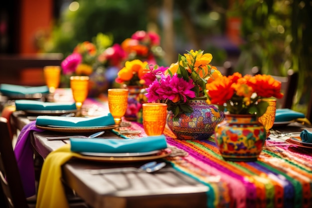 Impostazione della tavola in stile messicano tovaglie vibranti e composizioni floreali colorate IA generativa