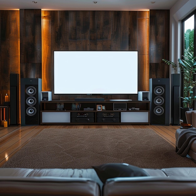 Impostazione di home theater con apparecchiature audio TV a grande schermo 3D per i social media