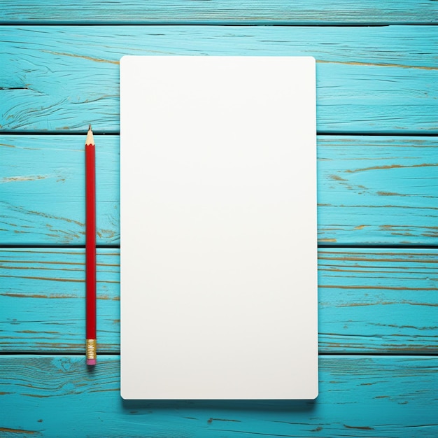 Impostazione educativa blocco appunti e matita rossa su sfondo di legno blu per i social media