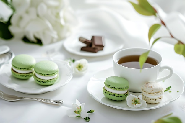 Impostazione estetica della tavola Tè verde macaroni dessert cioccolato bouquet bianco ti IA generativa