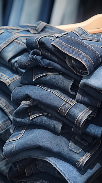 Impostazione jeans denim ben disposti su tavolo di legno negozio di abbigliamento carta da parati mobile verticale