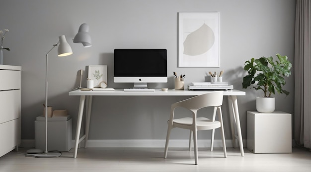 Impostazione minima della scrivania dell'ufficio domestico con colori grigi neutri