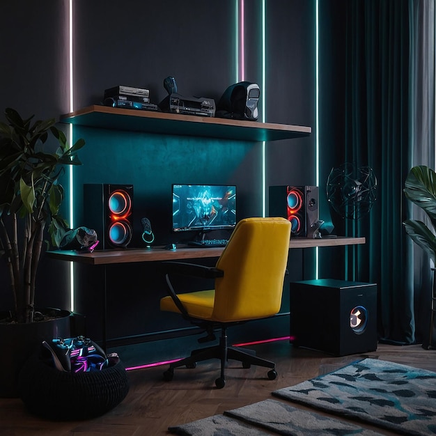 Impostazione minimalista per i giocatori con mobili eleganti e neon