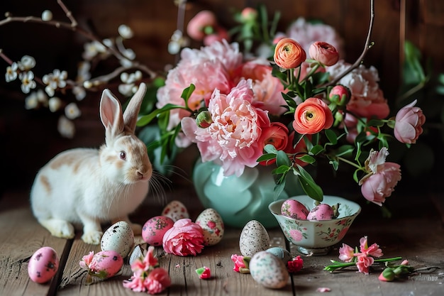 Impostazione primaverile con fiori colorati fiori rosa coniglietto e uova di Pasqua