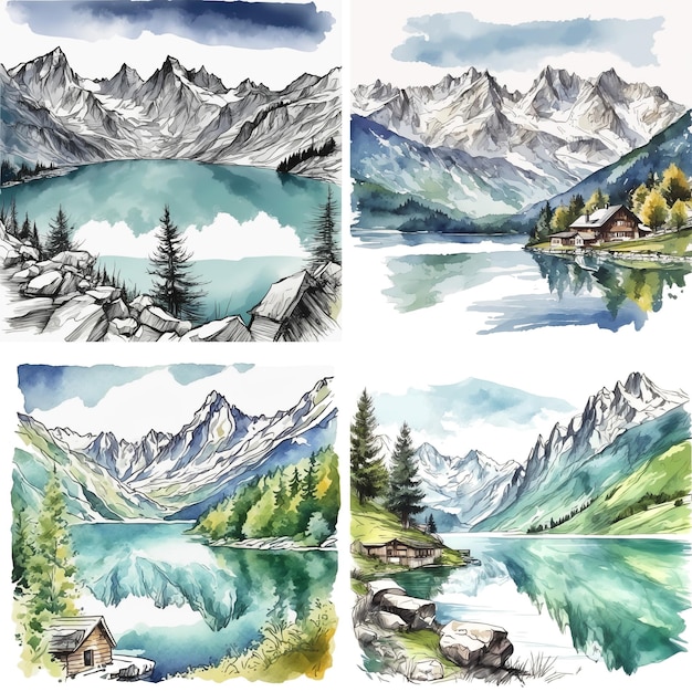 Impostazioni di montagne di ghiaccio con vette innevate Acquarello illustrazione dipinta a mano