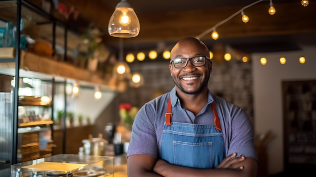 Imprenditore afroamericano di successo in piedi con le braccia incrociate con il suo caffè alla moda sullo sfondo Creato con tecnologia AI generativa