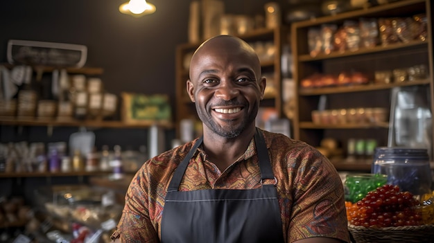 Imprenditore afroamericano di successo in piedi con le braccia incrociate con il suo caffè alla moda sullo sfondo Creato con tecnologia AI generativa