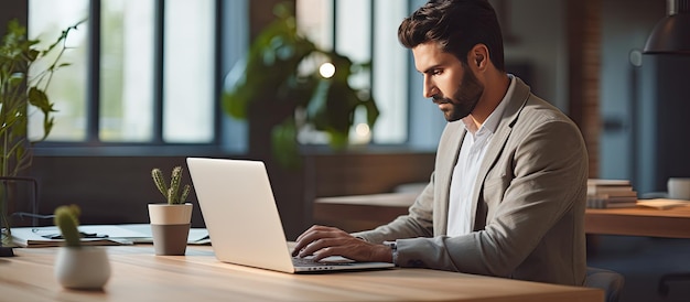 Imprenditore attraente utilizzando il computer portatile alla scrivania in ufficio moderno digitando sulla tastiera