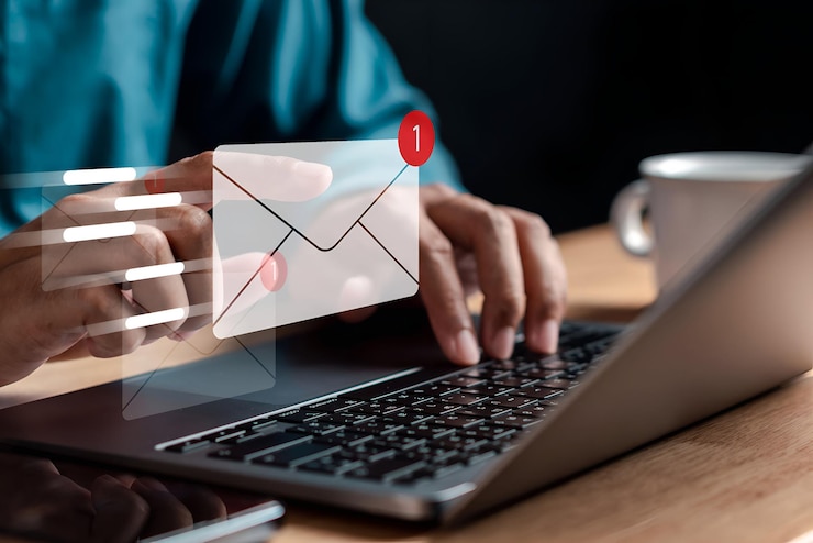Imprenditore che invia una e-mail al cliente concetto di contatto commerciale