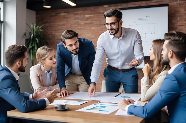 Imprenditore che spiega la strategia aziendale ai colleghi in una riunione in un ufficio di coworking