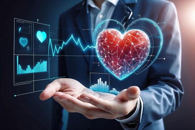 Imprenditore che tocca la forma del cuore della mente di servizio e dell'assistenza sanitaria business grafico di crescita e icona medica sul cubo Esame medico medicina Analisi dei dati sullo schermo di rete Business medico