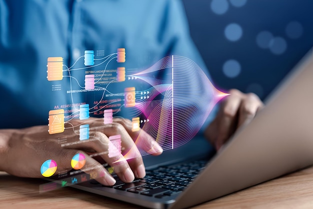 Imprenditore che utilizza la tecnologia AI chat bot con intelligenza artificiale genera robot di tecnologia futuristica nel sistema online Impresa in futuro per investire e sviluppare