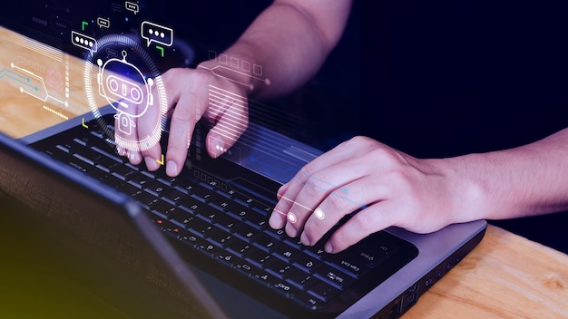 Imprenditore che utilizza per chatbot digitale applicazione robot conversazione assistente AI Intelligenza artificiale concetto chatbot digitale su schermo virtuale