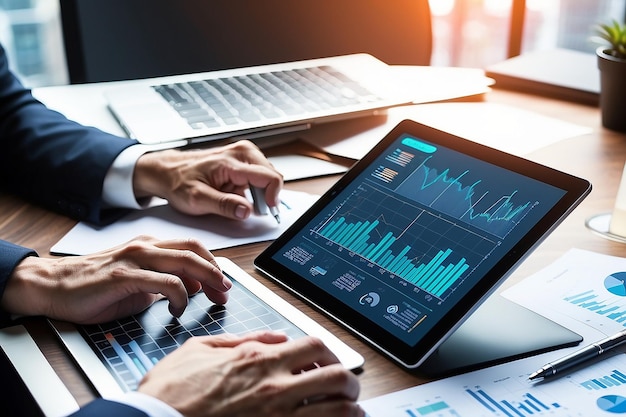 Imprenditore che utilizza tablet e laptop che analizza i dati delle vendite e il grafico della crescita economica Strategia aziendale Marketing digitale