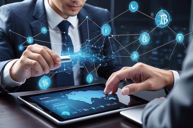 Imprenditore che utilizza tablet e touch data bancari su connessione di rete Marketing digitale