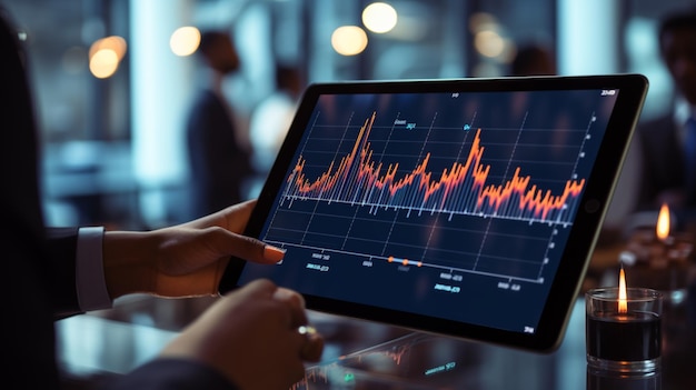 Imprenditore con un tablet che mostra grafici e statistiche sulla crescita del mercato globale dell'e-commerce