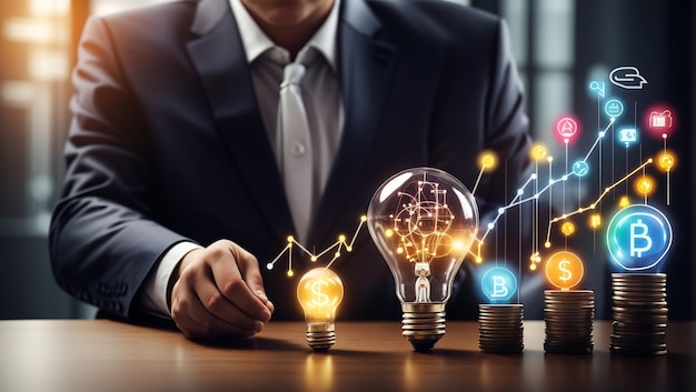 Imprenditore con una lampadina creativa con grafico di crescita e icone bancarie Innovazione finanziaria