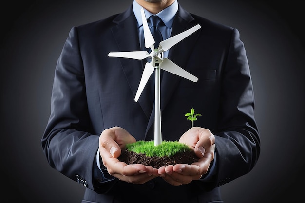Imprenditore di innovazione energetica verde con l'icona del mulino a vento sullo sfondo scuro