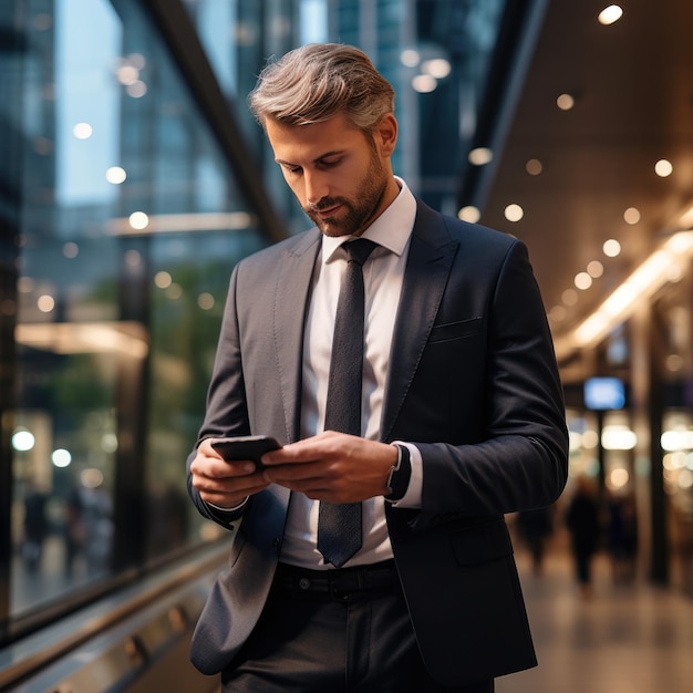 Imprenditore di successo in giacca e cravatta che tiene smartphone e guarda lo schermo