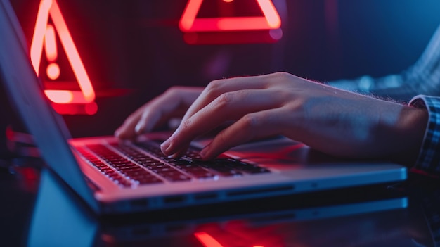 Imprenditore dita di digitazione sul computer con triangolare simbolo di avvertimento dannoso Malware frode pesca idea di reato informatico violazione di password