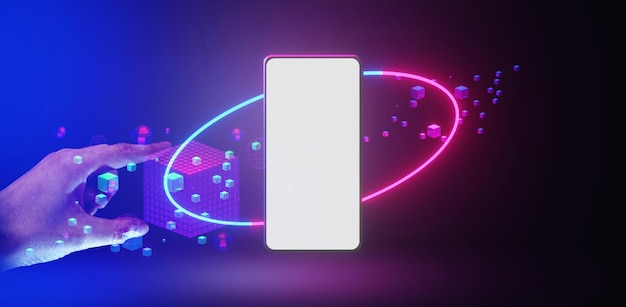 Imprenditore mano azienda olografica della rete metaverse su sfondo nero metaverse internet social online tecnologia digitale moneta di criptovaluta