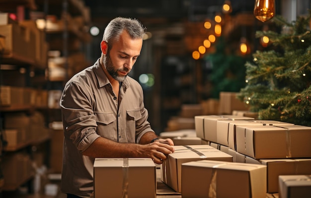 Imprenditore maschio che gestisce una piccola azienda di e-commerce che mette i prodotti in scatole di carta
