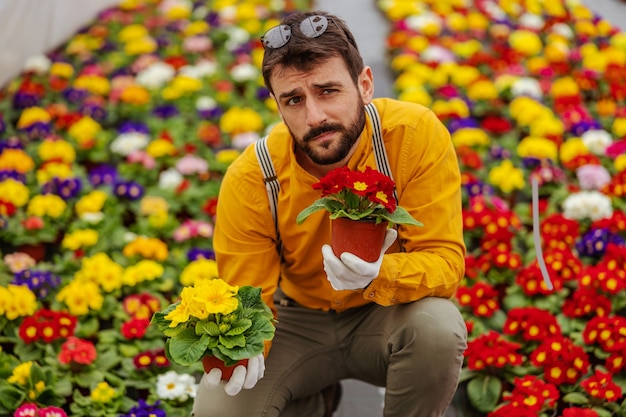 Imprenditore perplesso accovacciato in una serra circondato da fiori e con in mano porti con fiori.