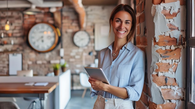 Imprenditore sicuro di sé in uno spazio di lavoro elegante sorridente con un tablet digitale abbigliamento d'affari casuale interni di ufficio moderni ritratto di stile di vita professionale AI