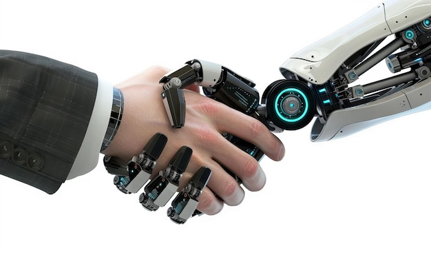 Imprenditori e robot si stringono la mano Tecnologia dell'intelligenza artificiale Concetto di progettazione Illustrazione generata dall'AI