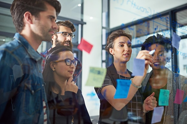 Imprenditori vetro e cooperazione con brainstorming soluzione e idea artistica per programmazione del progetto Gruppo donne e uomini con lavoro di squadra o crescita dell'azienda con scelta di pianificazione o collaborazione