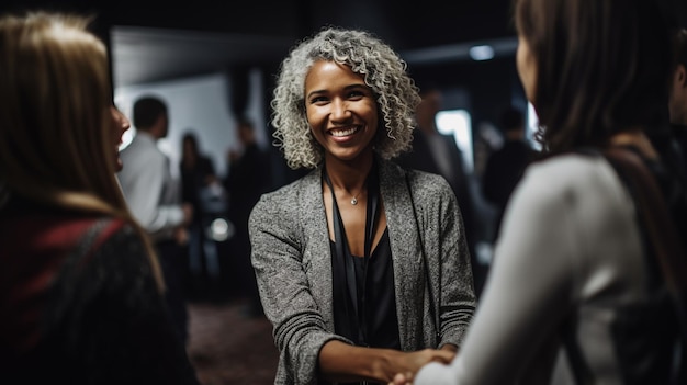 Imprenditrice a una conferenza di un evento di networking Sorridendo e stringendo la mano Immagine di intelligenza artificiale generativa