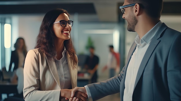 imprenditrice africana chiusura di un accordo stretta di mano Sorridente saluto un collega in una riunione